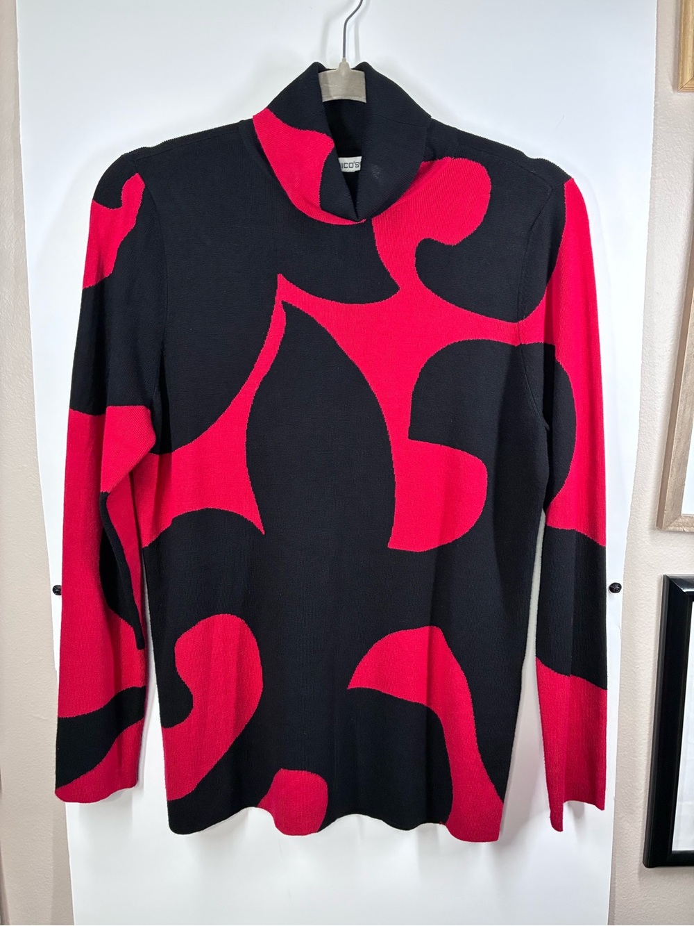 Chico's Size 1 - US Medium Red Black Abstract Print Cowl Neck Sweater